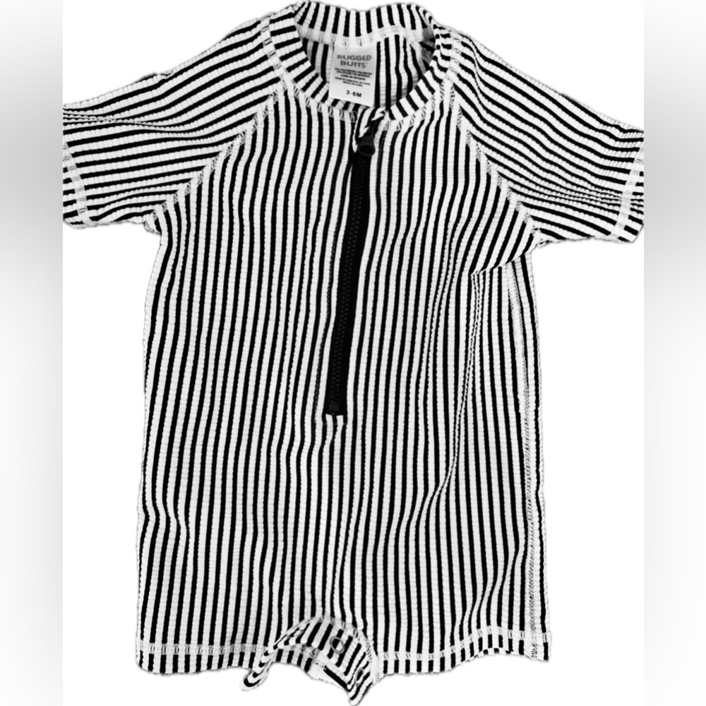 RuffleButts Navy and White One piece Rash-guard 3-6 months